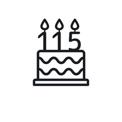 Birthday cake line icon with candle number 115 (one hundred and fifteen). Vector.