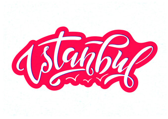 Istanbul. Hand lettering. Vector logo of Istanbul. White  letters with seagulls, red background with texture. souvenir products, banner emblem, travel blog social media, brochure, flyer. illustration.