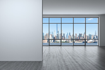 Midtown New York City Manhattan Skyline Buildings from High Rise Window. Expensive Real Estate. Empty room Interior with Mockup wall. Skyscrapers View Cityscape. Day time. west side. 3d rendering.