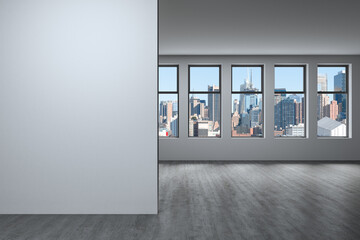 Midtown New York City Manhattan Skyline Buildings from High Rise Window. Expensive Real Estate. Empty room Interior with Mockup wall. Skyscrapers View Cityscape. Day time. west side. 3d rendering.