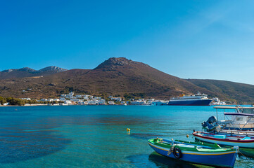 Fototapeta na wymiar traditional fishing boats in Katapola port, Amorgos island, Greece