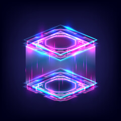 HUD energy box. Smart code. Big data. Digital chip. Glow 3D cubes. CPU core. Abstract technology. Futuristic hi-tech . Blockchain network. Cyberpunk box. Pink and blue neon lights