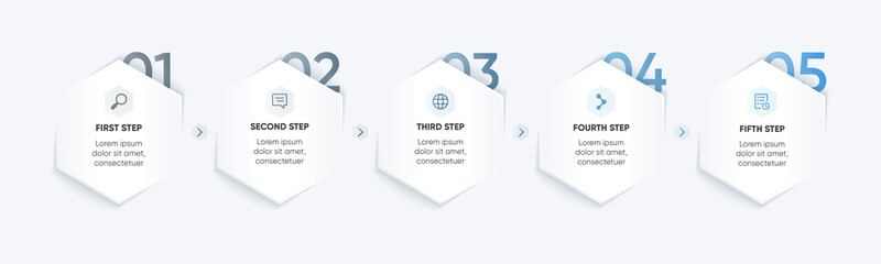 infographic 5 steps with unique hexagons shape and big numbering.