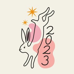 Vector celebration illustration of Chinese New Year 2023 symbol, year of the rabbit. Typography poster with black line art animal and stars. Trendy party print design with hare and calligraphy