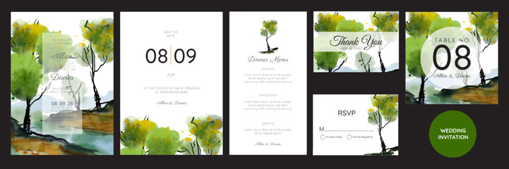 wedding invitations, watercolor mountains, forest and rivers.	