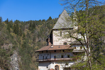 Sanctuary of San Romedio situated on a steep rocky spur in the natural scenery of the Val di Non,...