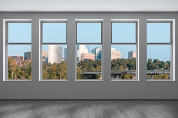 Empty room Interior Skyscrapers View. Cityscape Downtown, Arlington City Skyline Buildings from Washington. Window background. Beautiful Real Estate. Day time. 3d rendering.