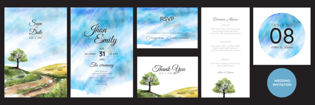 wedding invitation with mountain view watercolor background	