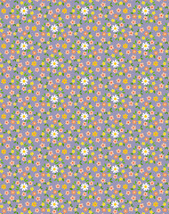 White daisies and small colorful flowers on a grey back ground Cute folk summer floral fabric print