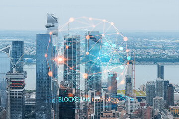 Fototapeta na wymiar Aerial panoramic city view of West Side Manhattan and Hudson Yards district at day time, NYC, USA. Decentralized economy. Blockchain, cryptography and cryptocurrency concept, hologram