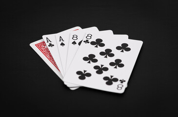 Dead man's poker hand showing aces and eights on a black background