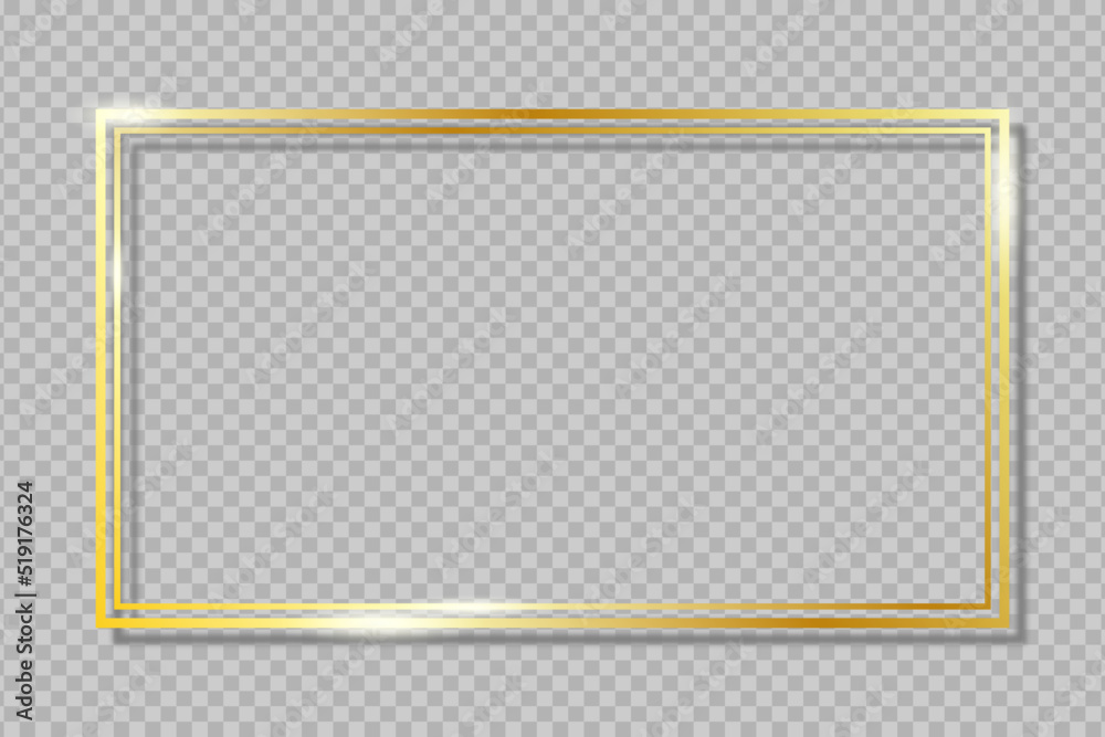 Poster Double golden frame on transparent background with shadow. Gold rectangle dual border with glow shine and light effect. Vector illustration.