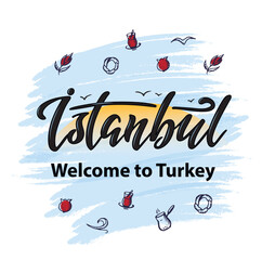 Istanbul. Hand lettering. Vector logo of Turkey in black color with seagulls nazar symbol simit turkish tea coffee sun souvenir products, blue banner emblem, travel blog social media, brochure, flyer.