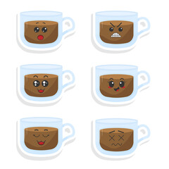 Vector set of funny coffee mug stickers with kawaii emotions. Kawaii faces. Vector illustration on white background