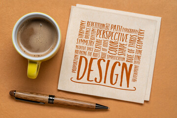 design elements and rules word cloud on a napkin, flat lay with coffee