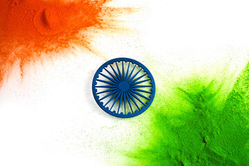 Orange and green color powder splash with Ashoka wheel. Concept for India independence day, 15th of...
