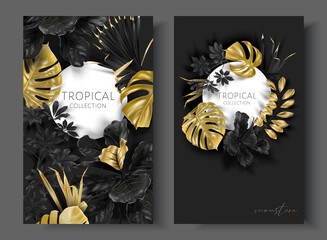 Vector tropical frames with gold leaves on black background. Luxury exotic botanical design for cosmetics, wedding invitation, summer banner, spa, perfume, beauty, travel, packaging design - 519176986
