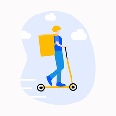 Food delivery concept. Courier with backpack riding on scooter and delivering food order. Vector EPS 10 illustration.