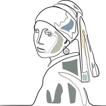 Continuous Line Art Vector: Girl with a pearl earring. Famous Art Painting. One line drawing