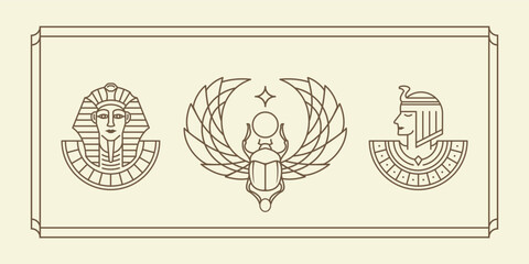egyptian culture illustration logo. Ancient Egypt vintage art hipster line art Illustration vector with Scarab beetle, pharaoh and queen Cleopatra, old school tattoo style artwork collection set.
