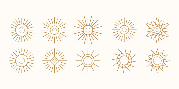 set of bohemian golden sun logo elements, sunset sunrise in outline linear style logo icon vector collection, abstract outline logo vector for hotel or spa minimal style.