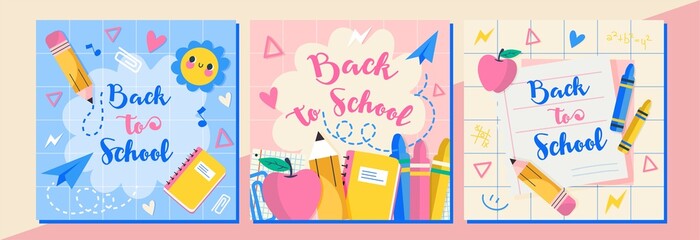 Vector illustrations. Back to school. Set of templates in pastel colors with cute school supplies. Perfect for social media, print, flyers, postcards advertising and more.