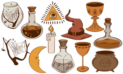 halloween clipart set, flat illustration with witchcraft and occult symbols, tarot pictures, voodoo magic. Glass bottles with poison, crystals, potion vat, solar system, sun and moon. - 519178592