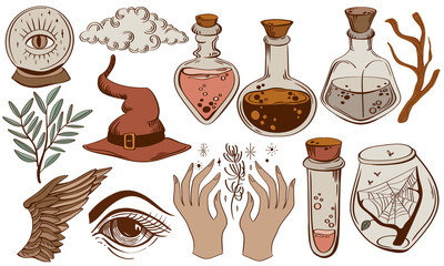 halloween clipart set, flat illustration with witchcraft and occult symbols, tarot pictures, voodoo magic. Glass bottles with poison, crystals, potion vat, solar system, sun and moon. - 519178597