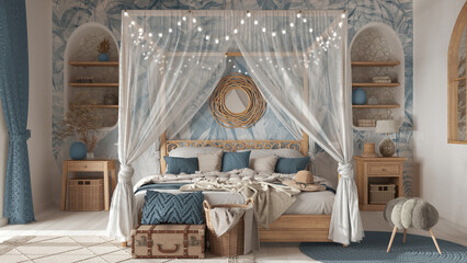 Bohemian bedroom with canopy bed in white and blue tones. Parquet, natural wallpaper and ethnic carpets. Rattan and wooden furniture. Boho style interior design - obrazy, fototapety, plakaty