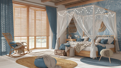 Elegant bedroom with canopy bed in white and blue tones. Parquet, natural wallpaper and cane ceiling. Bohemian rattan and wooden furniture. Boho style interior design © ArchiVIZ