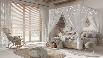 Elegant bedroom with canopy bed in white and beige tones. Parquet, natural wallpaper and cane ceiling. Bohemian rattan and bleached wooden furniture. Boho style interior design