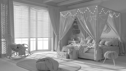 Total white project draft, elegant bedroom with canopy bed. Parquet, natural wallpaper and cane ceiling. Bohemian rattan and bleached wooden furniture. Boho style interior design