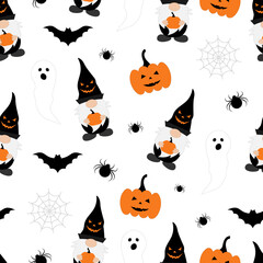 Fototapeta premium Seamless pattern Gnome Halloween with pumpkin spider bat vector illustration