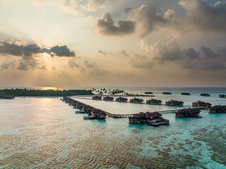 MALDIVES, 2022, MAR, 10th, Aerial View, Gili Lankanfushi with Water Bungalows, Indian Ocean,...