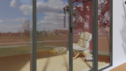 if you look at the puppy from out side he sleeping inside the living room. rendering3d