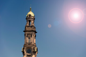 Coffee Stock Exchange. Santos, Brazil.  Clock tower of the building in the downtown of the city. Blue sky background. space for text.