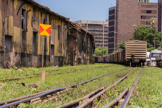 Santos, Brazil. Port railway and old abandoned warehouses in downtown.