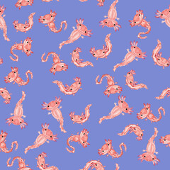 Watercolor pattern funny axalotls on a blue background