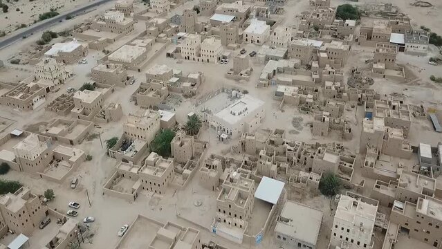 Aerial view of Shibam city and Wadi Sidba, Badra historic district in Yemen.