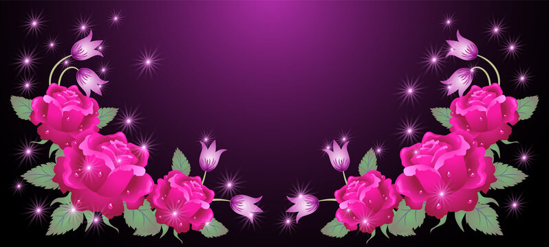 Fantasy roses with bluebells with sparkle and blazing stars for celebration card or invition