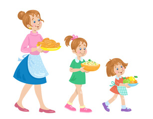 Young mother and two daughters carry plates of food. In cartoon style. Isolated on white background. Vector illustration.