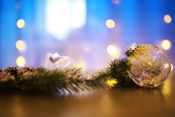 Snow Ball With Christmas Tree And Lights On Winter Background