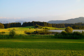hiking trail overlooking scenic Attlesee in the Bavarian Allps, Nesselwang, Allgaeu or Allgau, Germany