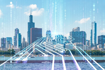 Obraz premium City view, downtown skyscrapers, Chicago skyline panorama, Lake Michigan, harbor area, daytime, Illinois, USA. Artificial Intelligence concept. AI, machine learning, neural network, robotics. Hologram