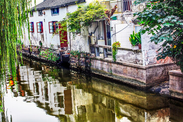 Ancient Chinese Houses Water Reflection Canals Suzhou China