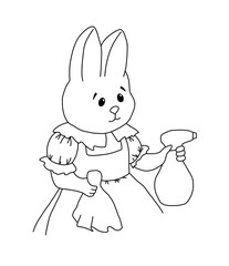 Bunny in a dress with an apron holds a washing spray and a rag in its paws. Outline on a white background hand drawn illustration