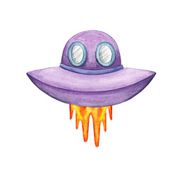 Space rocket watercolor. Traveling astronaut on a ship across the universe. UFO. Cute alien guest transport. Celestial flight. Hand drawn illustration isolated element on white background.