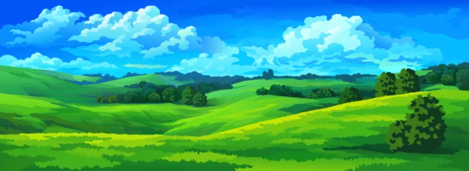 Deurstickers Vector landscape. Blue sky with white clouds and green hills, separated  by ravines. © Yulia