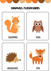 Cute wild animals with names. Flashcards for children.