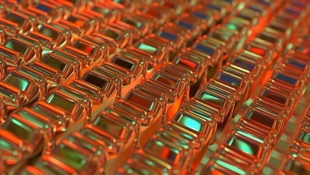 Colorful metallic geometric glossy objects move 3d 4k loop-able animation. Morphing forms, endless transformation